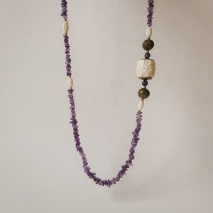 Sandra David Vintage Carved Bone Amethyst Gemstone Beaded Asymmetrical Necklace
